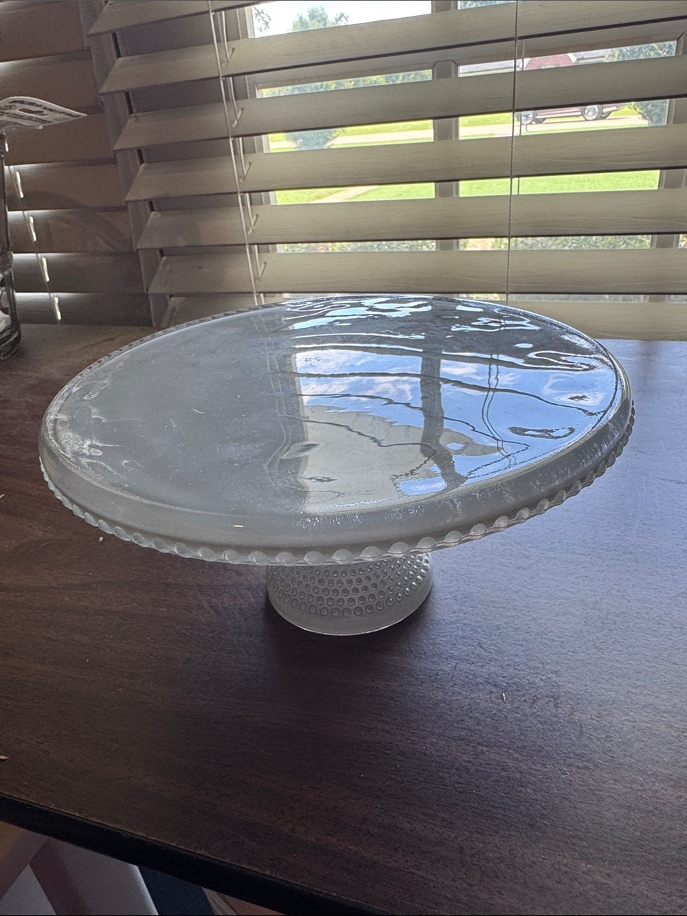 Vintage cup cake stand with beaded edge gray cased glass hobnail